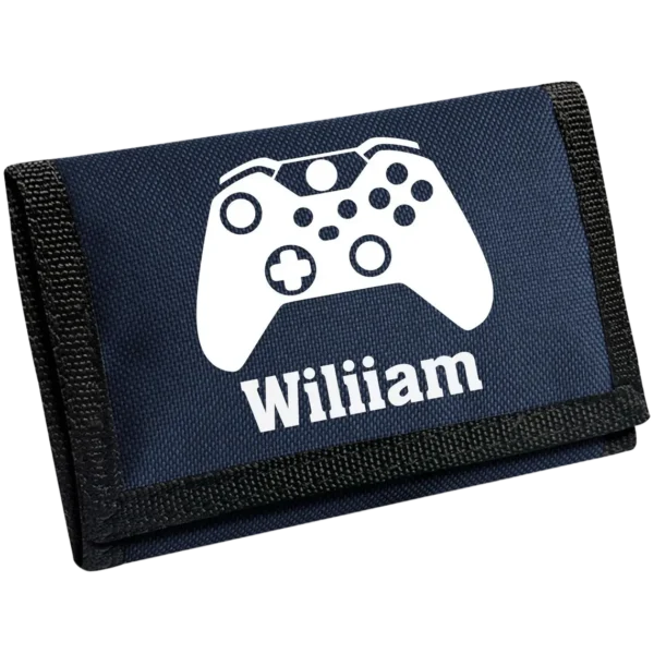 Personalised gaming controller wallet in French Navy with white vinyl controller graphic and name William