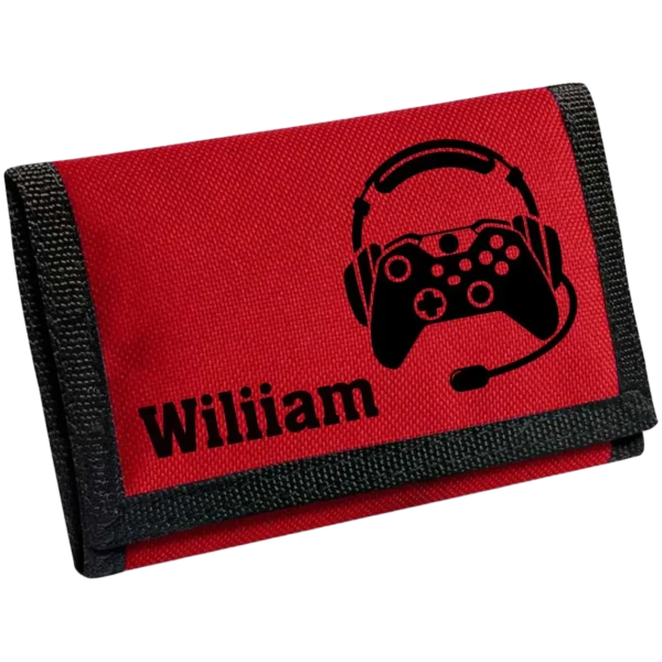 Personalised gaming wallet in red with black controller and headset design, name William in bold vinyl lettering