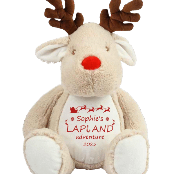 Cream personalised Lapland reindeer plush toy with brown antlers, red nose, and white belly showing Sophie's Lapland adventure 2025 in red text