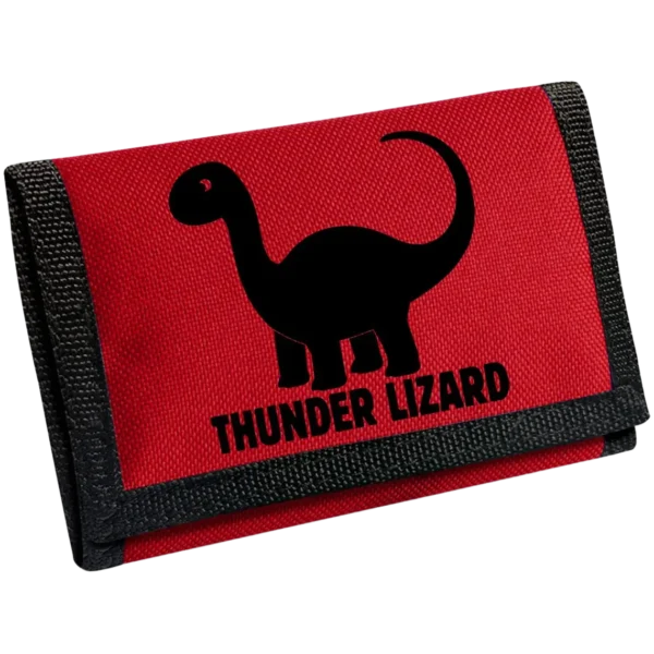 Personalised kids wallet in red with Thunder Lizard dinosaur logo and black trim, showing tri-fold design