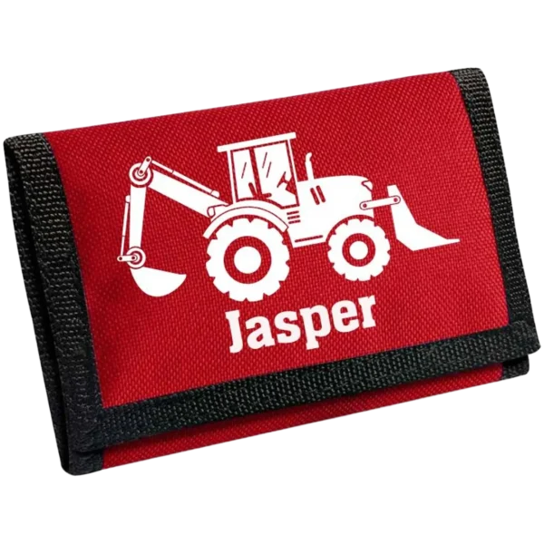 Personalised tractor digger wallet in red with white vinyl design showing child's name Jasper and tractor graphic